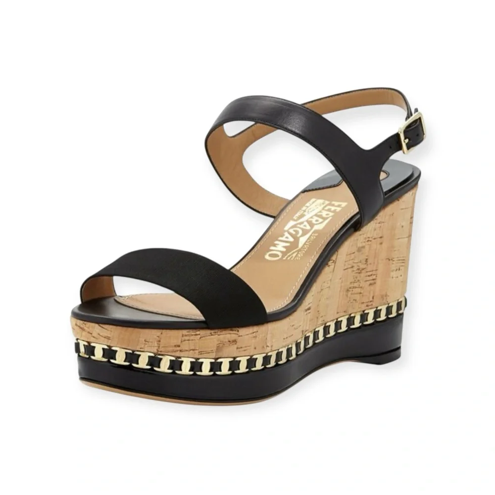 Salvatore Ferragamo ꔘ Mollie Chain Platform Wedge Sandals ꔘ Black Leather ꔘ 9.5B